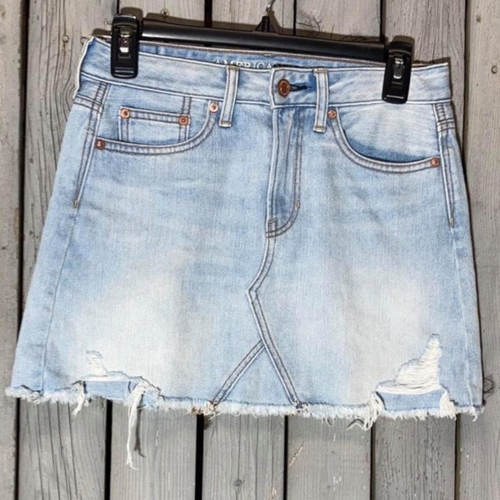 American Eagle Outfitters Light Blue Distressed Denim Mini Skirt